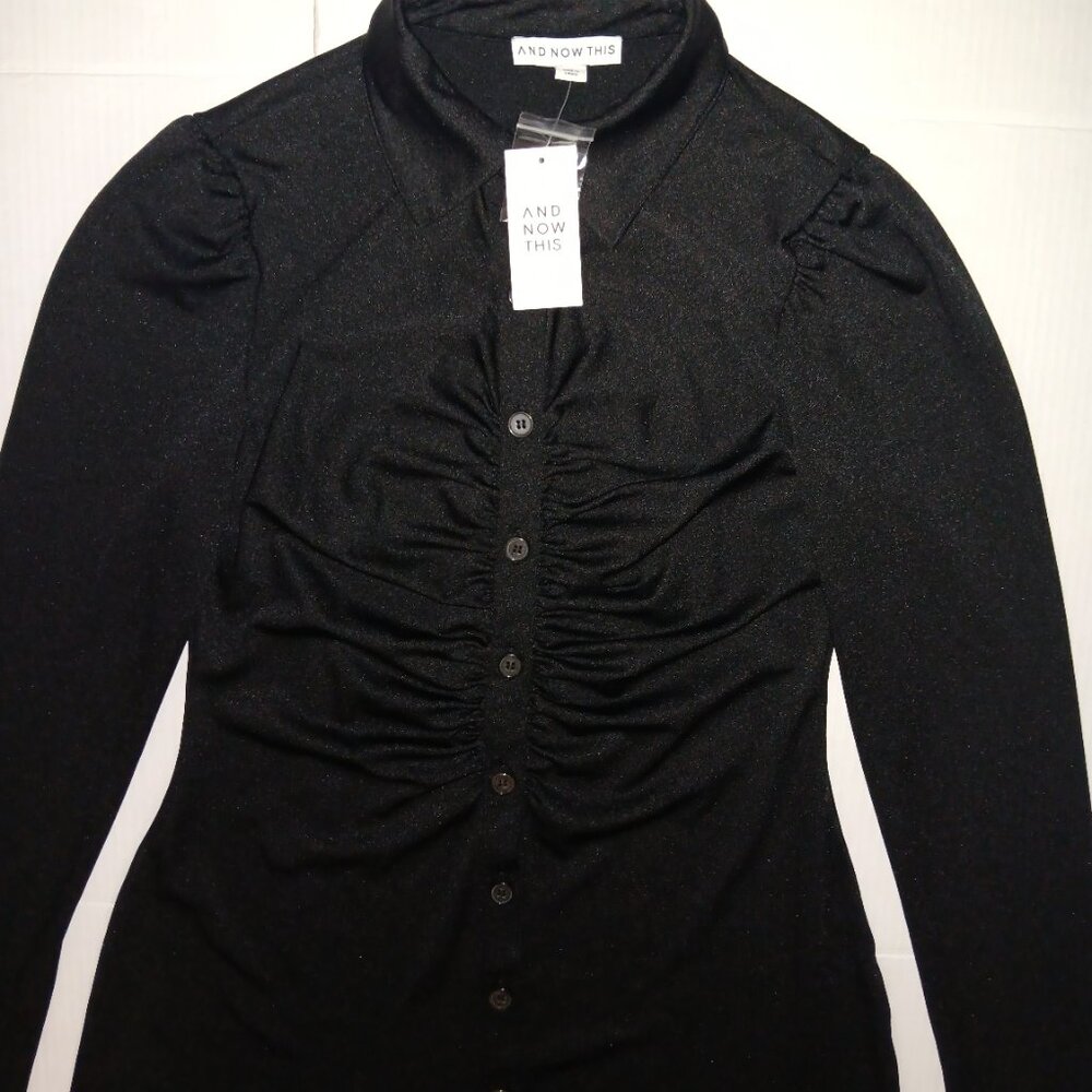AND NOW THIS BUTTON RUCHED FRONT SHIRT DRESS